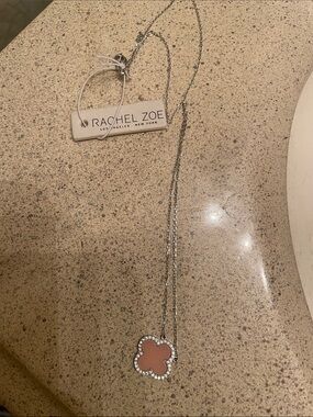 Rachel Zoe Silver Chain Necklace with Pink Clover Crystal Halo Pendant